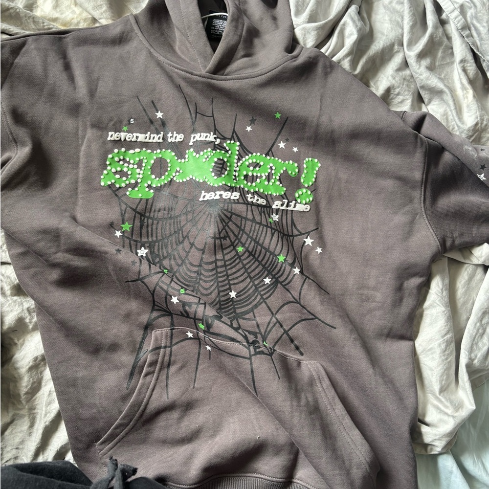 Green and Gray sp5der hoodie worn once
